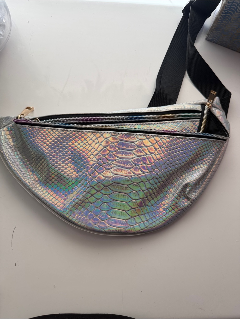 Iridescent Silver Snake-Embossed Crossbody Belt Bag